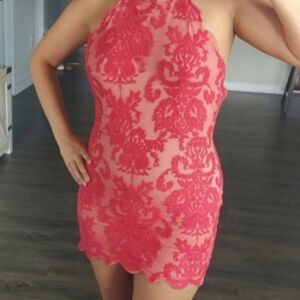 Elegant Red Lace Halter Dress